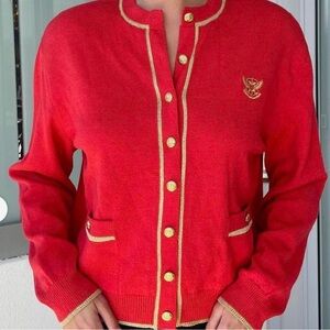 St. John Red Knit Cardigan with Gold Accents
